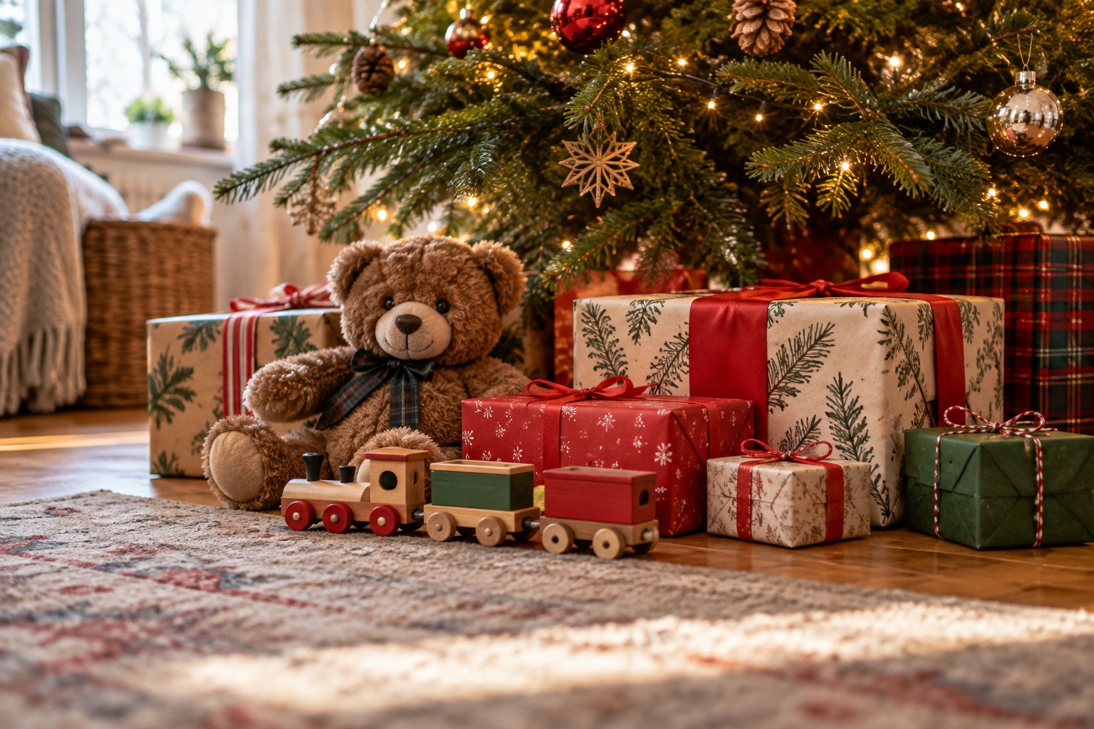 Teddy bear, toy train, and wrapped gifts beneath a Christmas tree