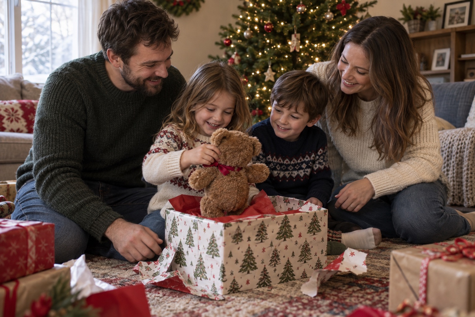 A family opening a teddy bear together on Christmas morning